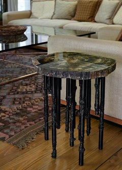 Hand Crafted One Of A Kind Artisan Petrified Wood / Steel Sculptural Side Table