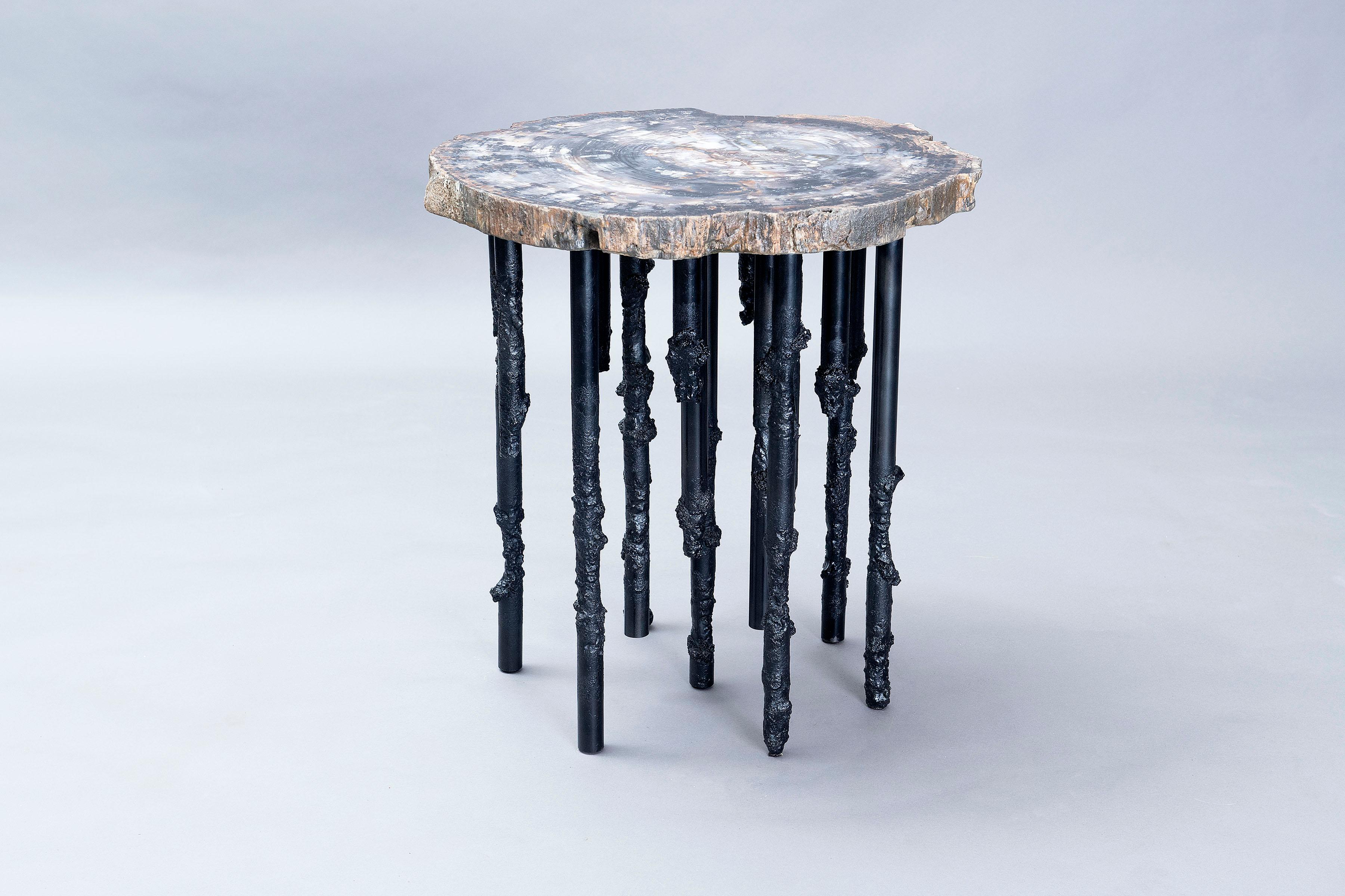 Hand Crafted One Of A Kind Artisan Petrified Wood / Steel Sculptural Side Table In New Condition In East Hampton, NY