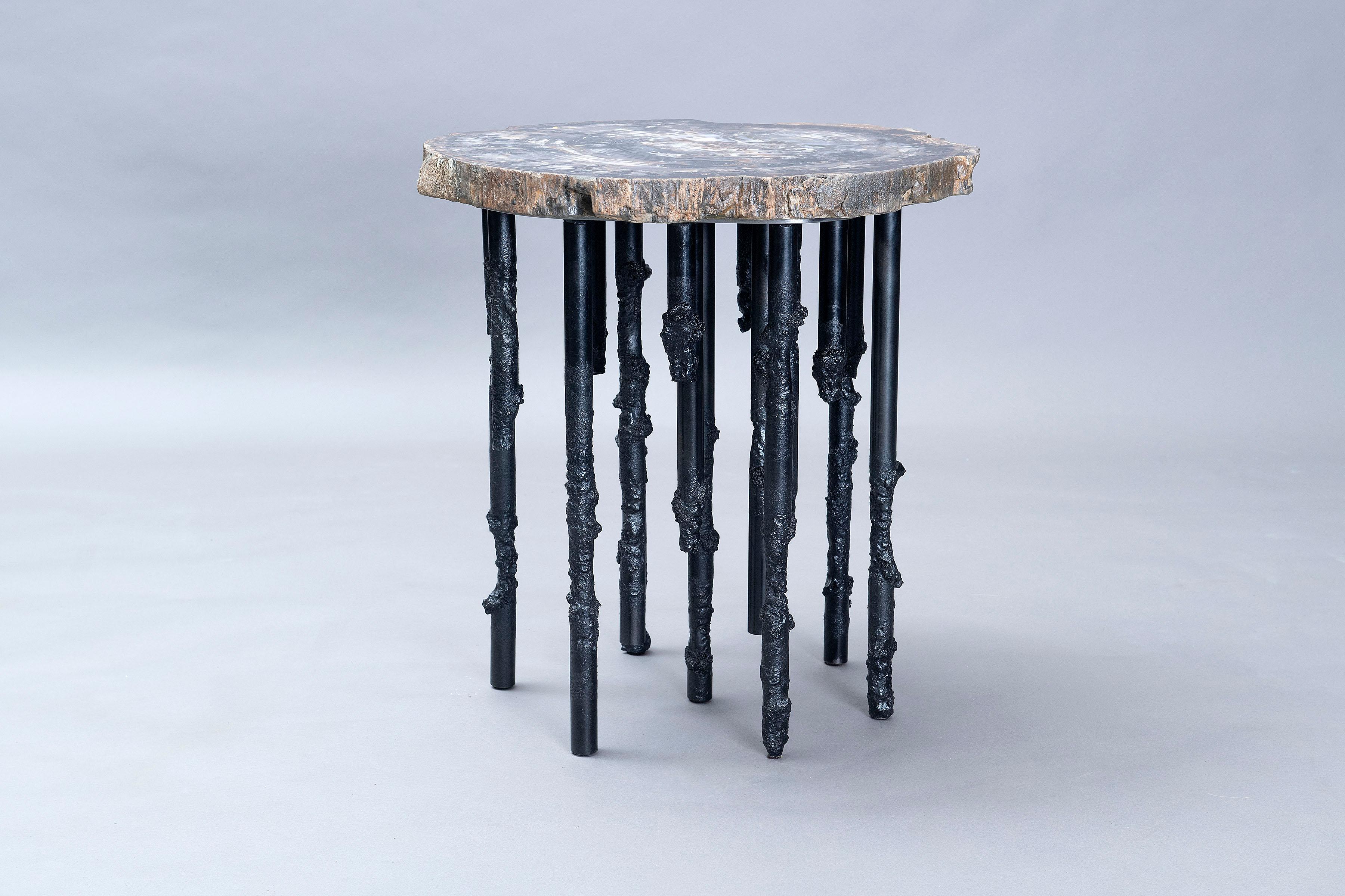 Contemporary Hand Crafted One Of A Kind Artisan Petrified Wood / Steel Sculptural Side Table