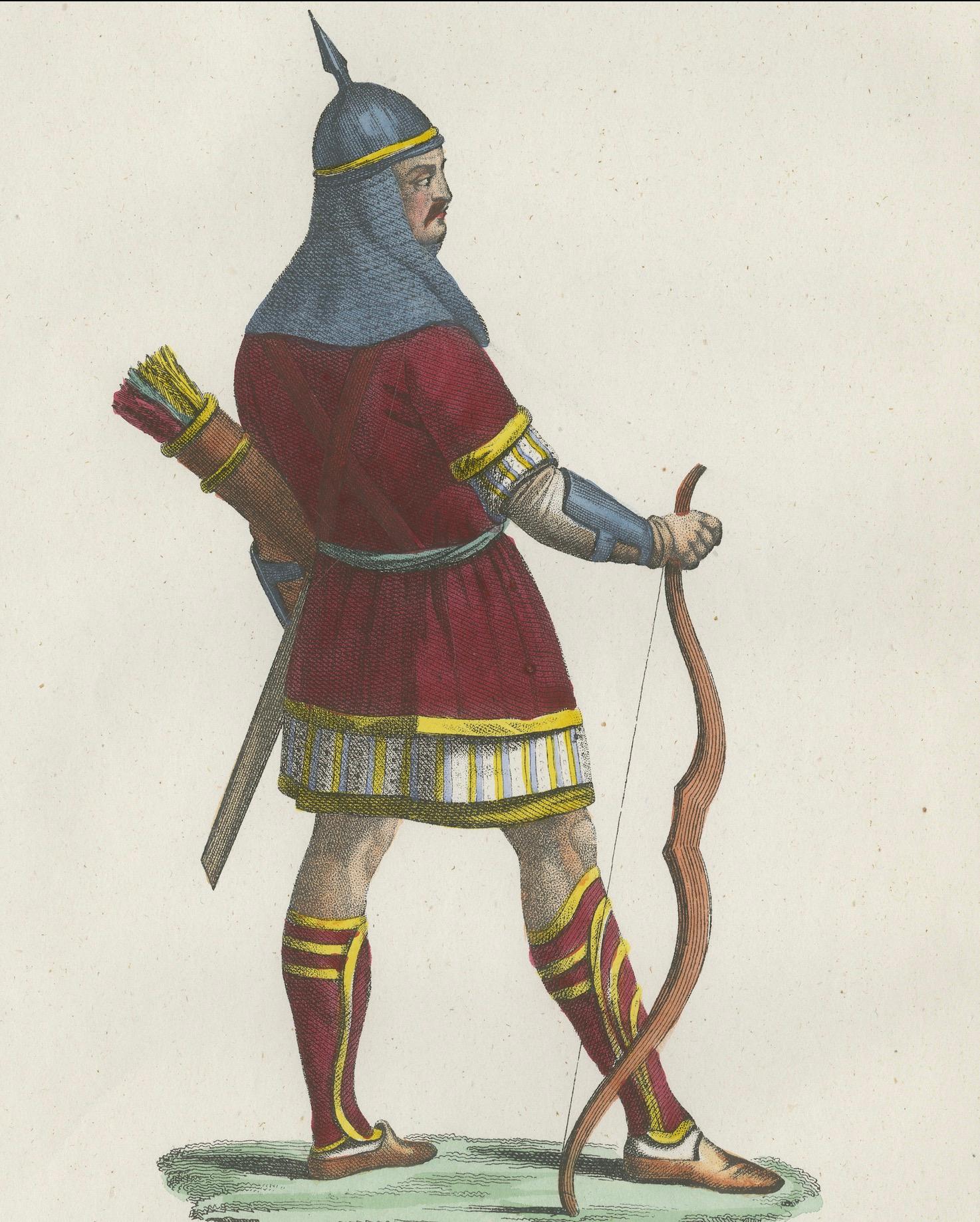 Kosakenkrieger-Kostüm Druck - Antike handkolorierte Lithographie, 1854 (Papier) im Angebot