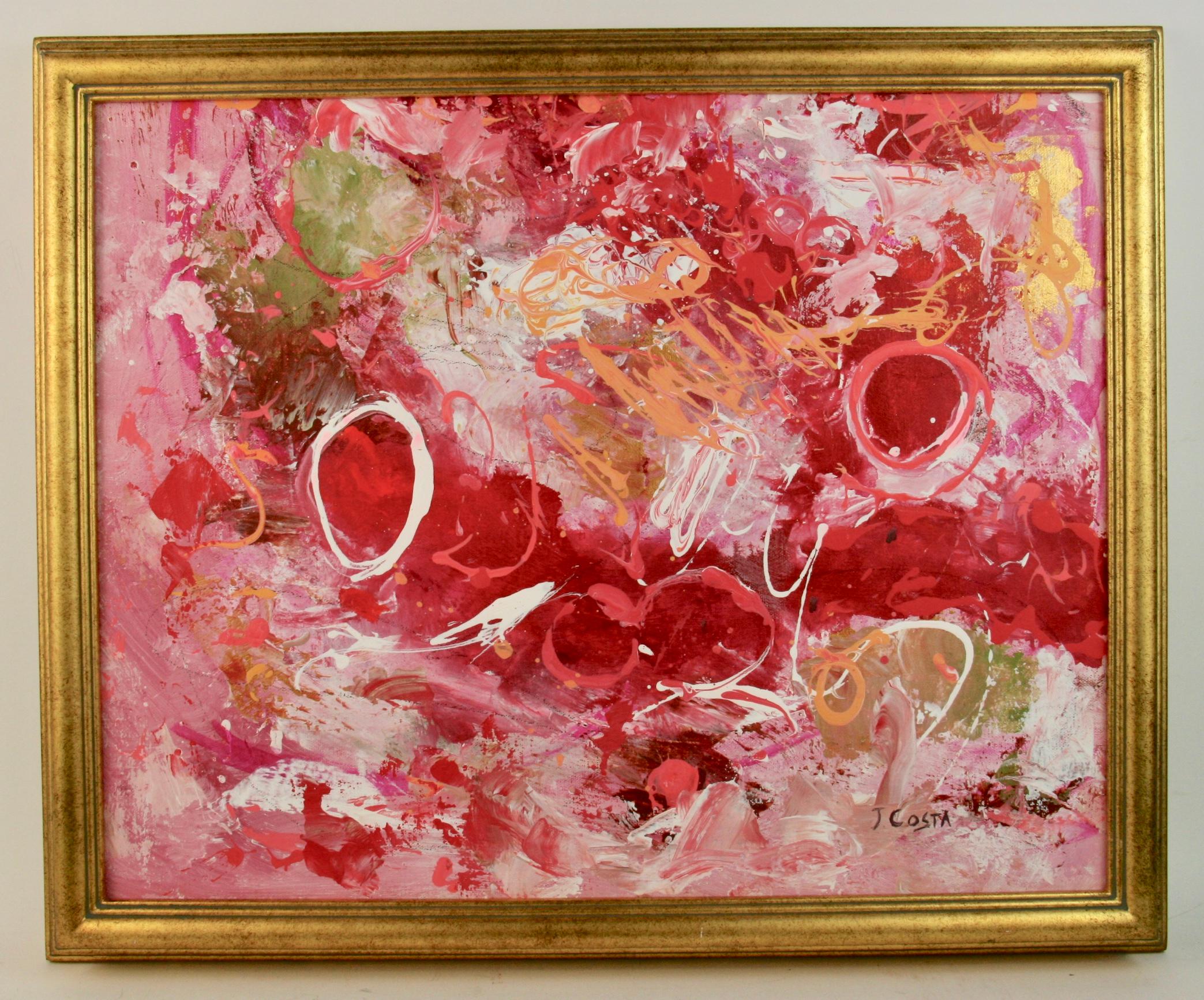 Costa Abstract Painting - Vintage Italian Abstract Expressionist Flaming Red Heart Painting 1970