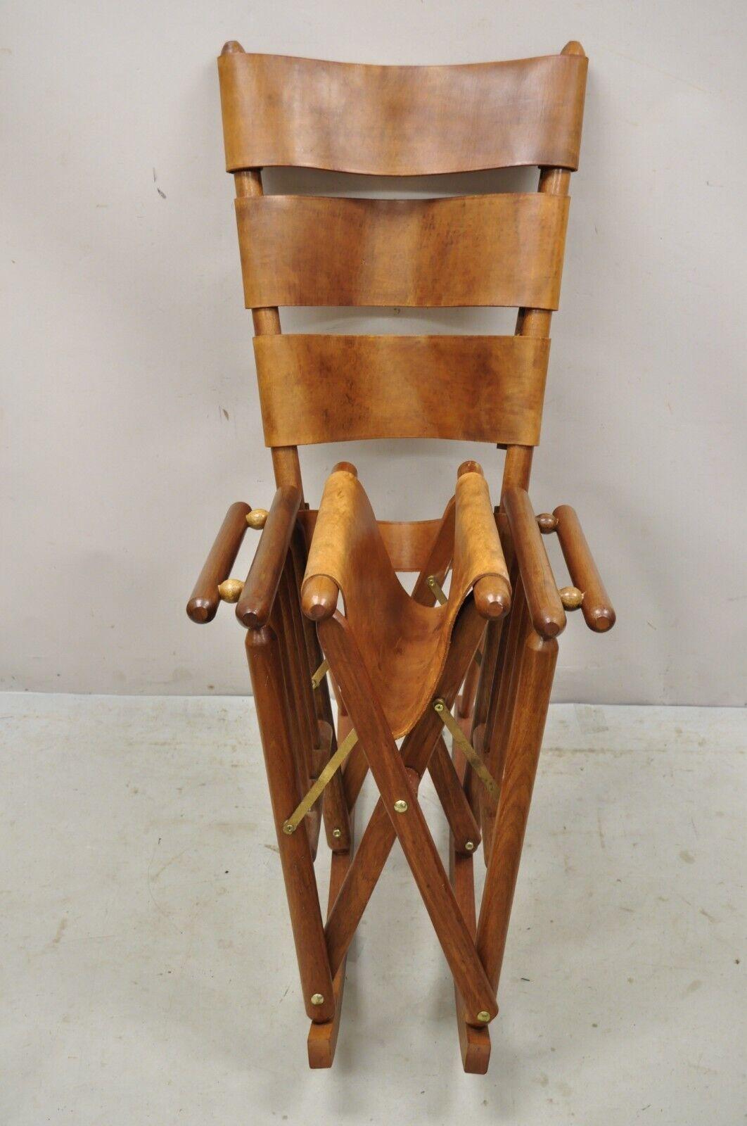 Costa Rican Campaign Style Teak Brown Leather Folding Rocker Rocking Chair For Sale 2