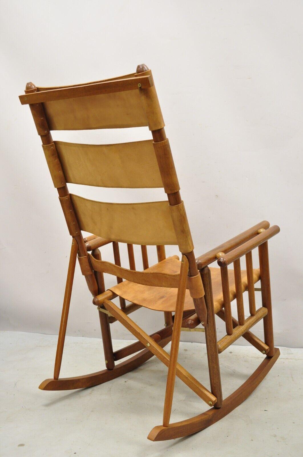 Costa Rican Campaign Style Teak Brown Leather Folding Rocker Rocking Chair For Sale 4