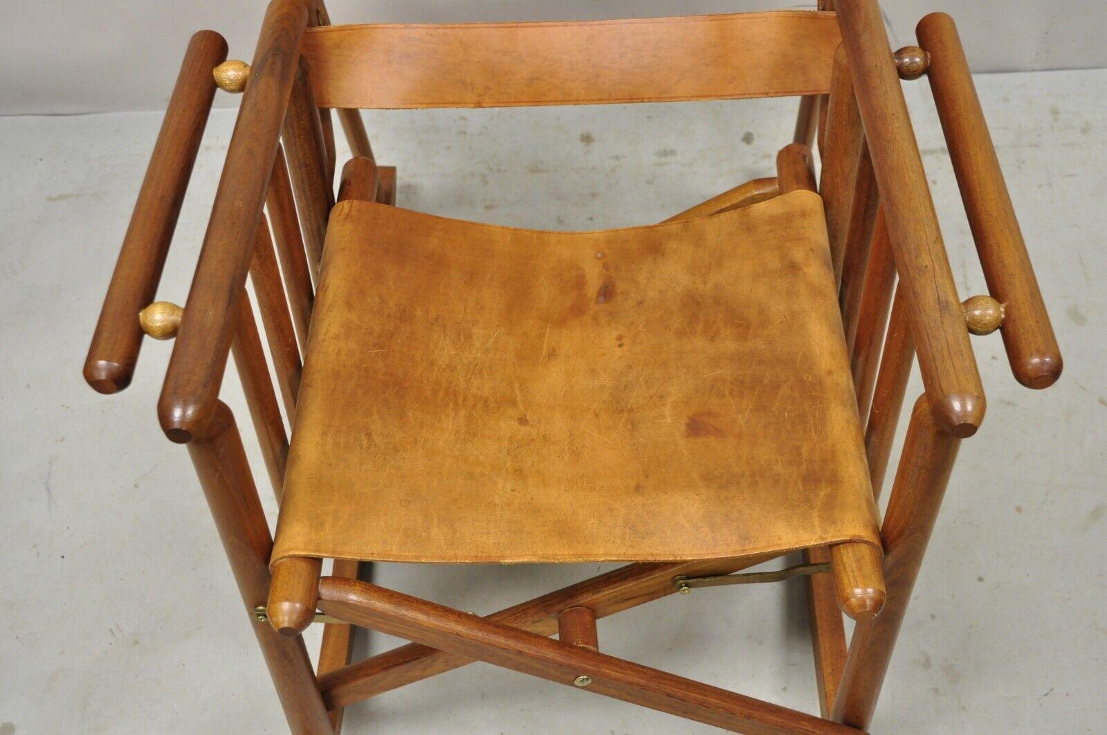 20th Century Costa Rican Campaign Style Teak Brown Leather Folding Rocker Rocking Chair For Sale