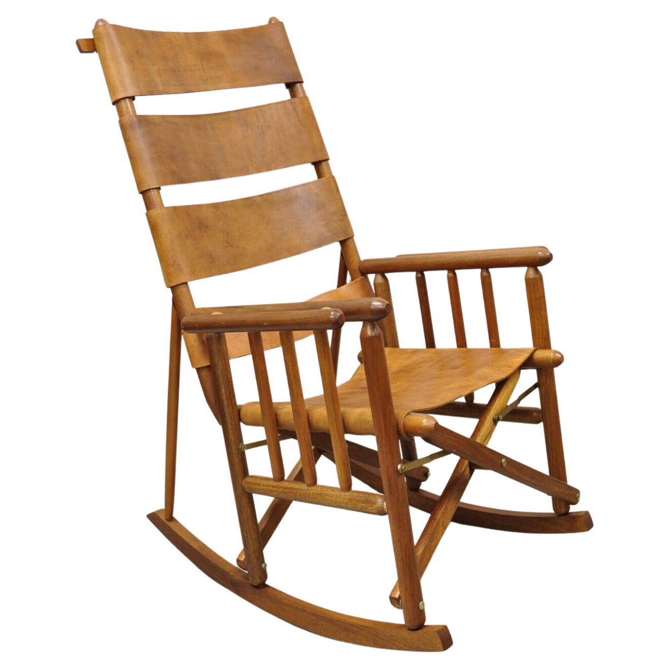 Costa Rican Campaign Style Teak Brown Leather Folding Rocker Rocking Chair For Sale