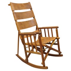 Costa Rican Campaign Style Teak Brown Leather Folding Rocker Rocking Chair