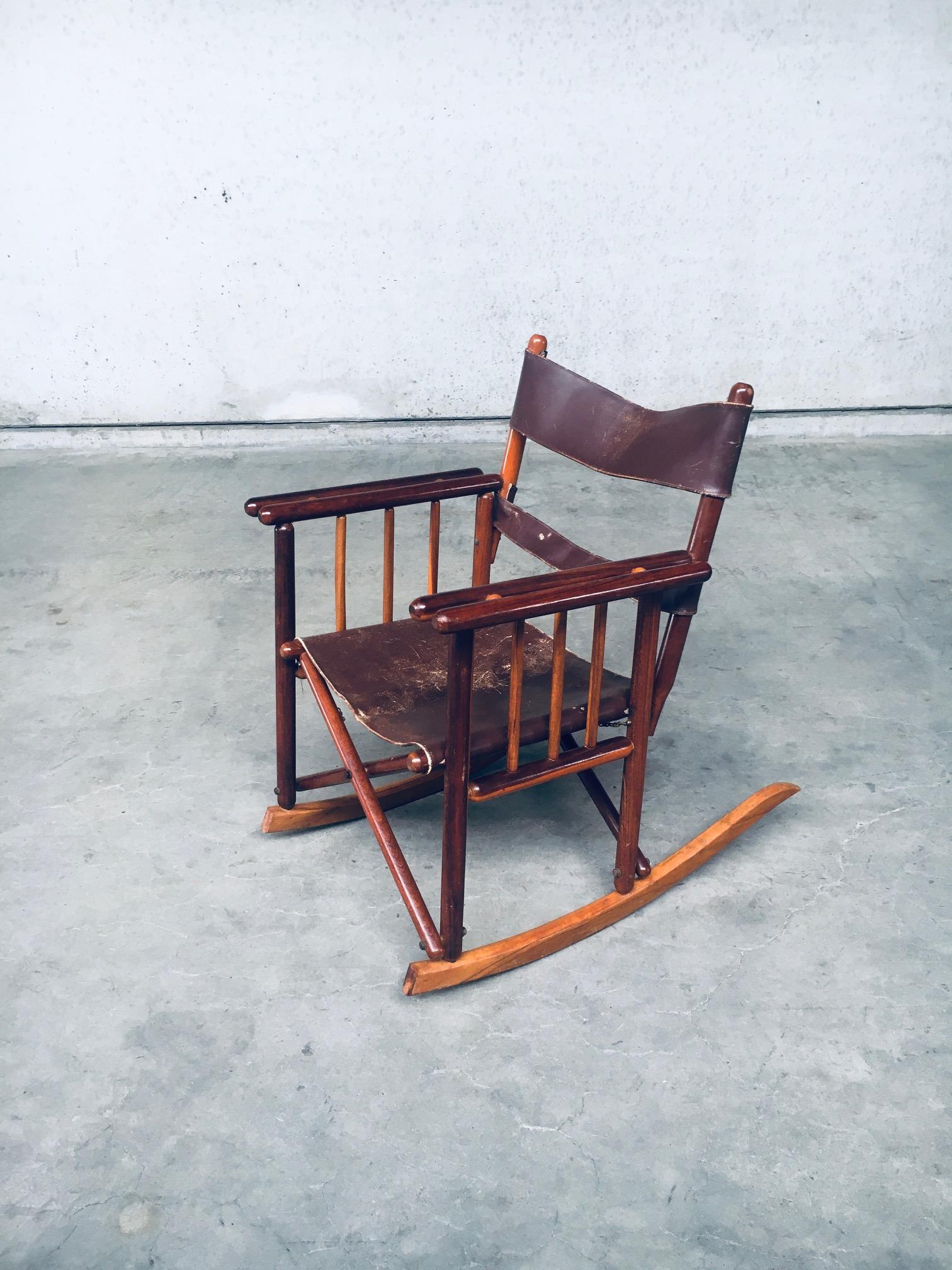 Leather Costa Rican Folding Safari Campaign Rocking Chair set, 1960's Costa Rica For Sale