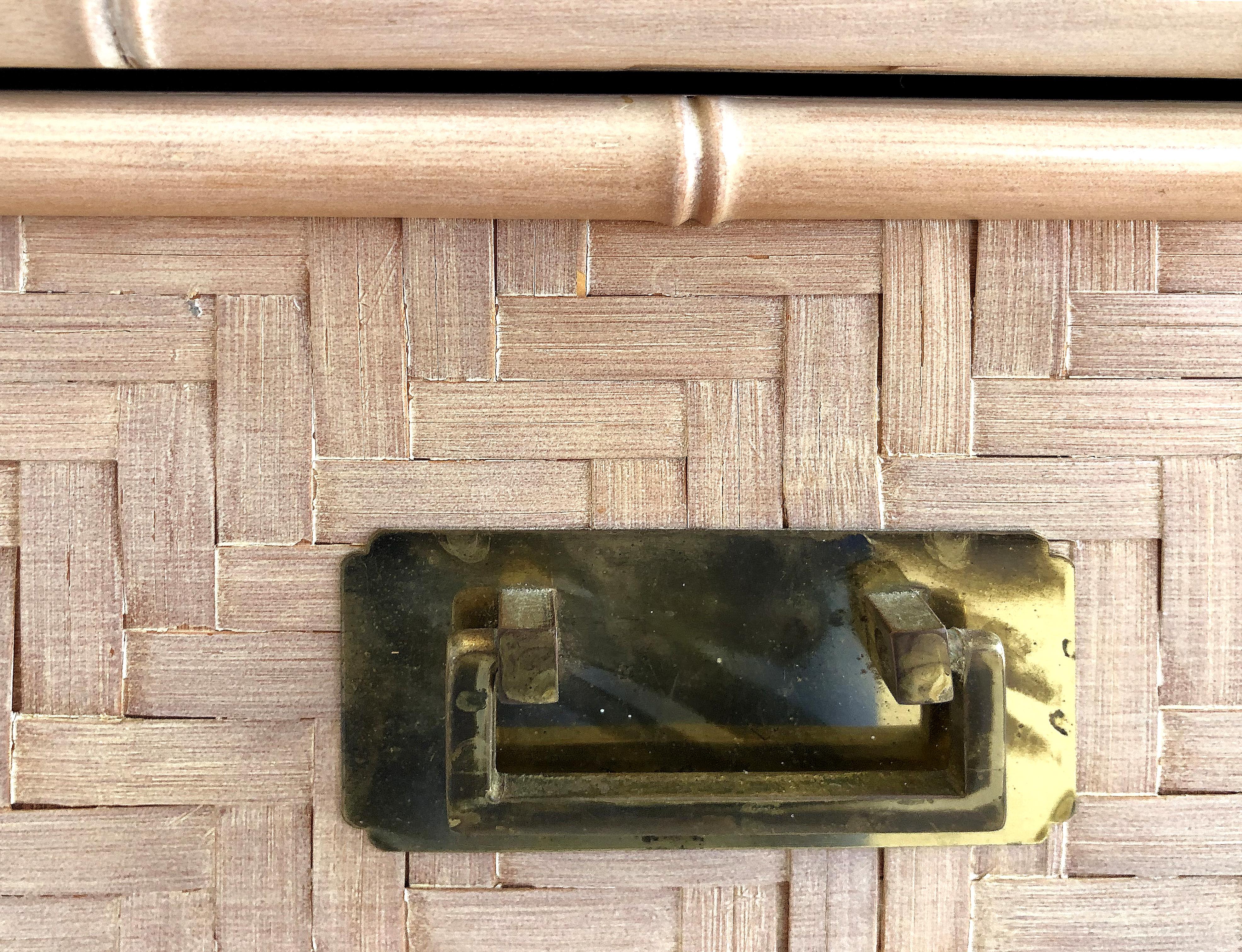 Brass Costal Midcentury Woven Rattan 9-Drawer Dresser