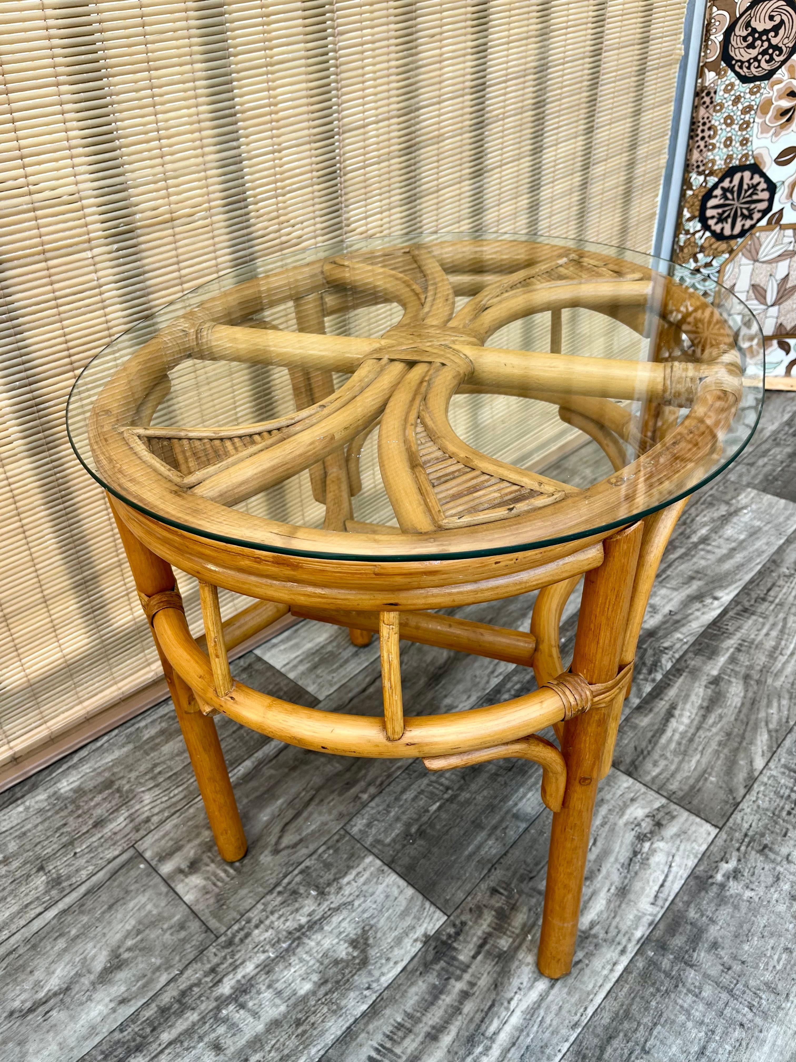 Late 20th Century Costal Style/ Bohemian Split Bamboo and Rattan Boho Side Table. Circa 1980s For Sale