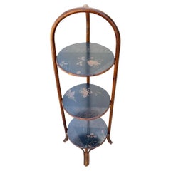 Costal Three Tiered Dark Stained Rattan Shelf w East Asian Motif Tops