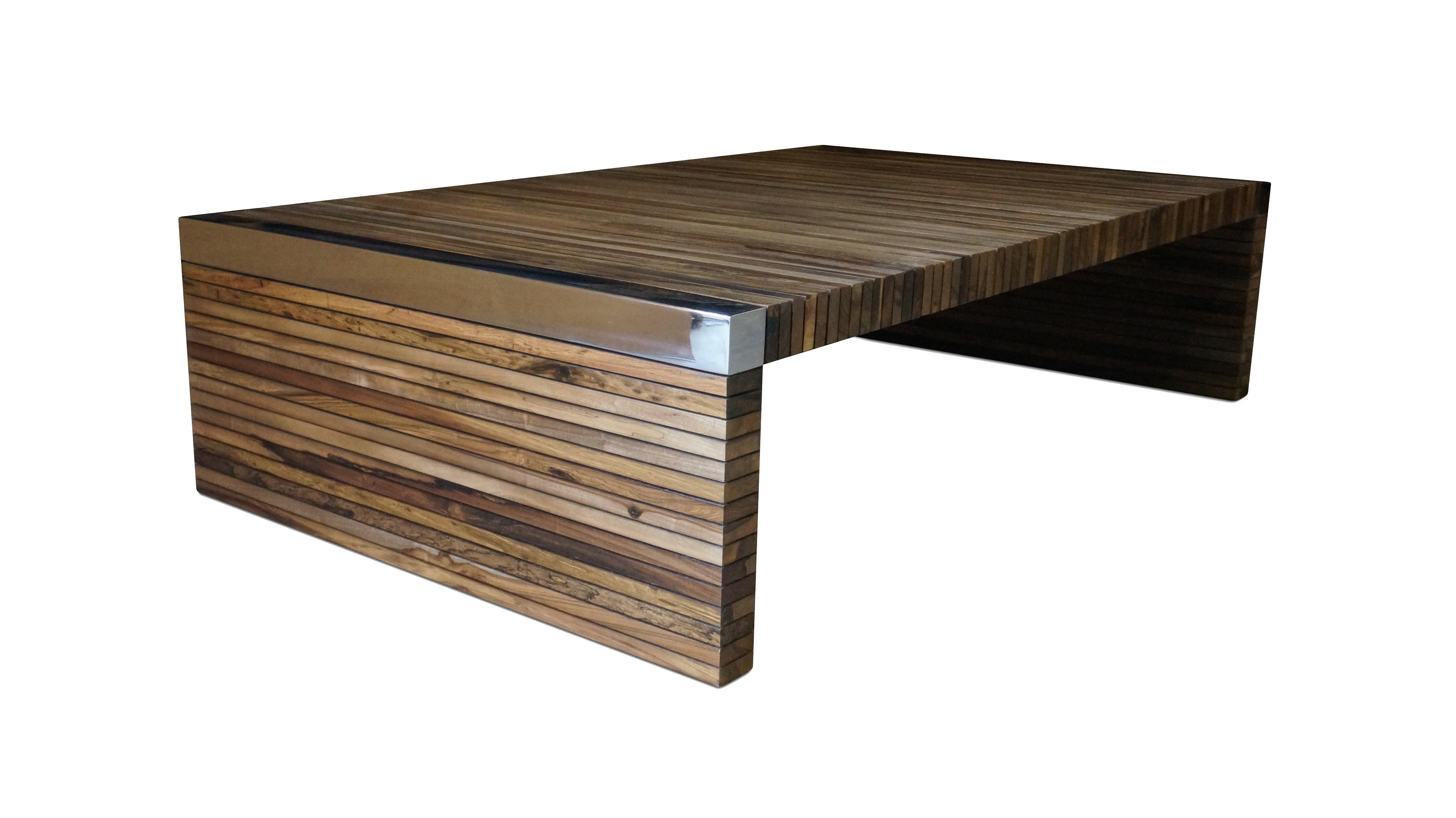 Modern Coffee Table with Exotic Wood Slats and Nickel-Plated Details, Argilla For Sale