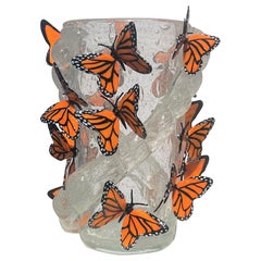 Costantini Diego Modern Crystal Pulegoso Made Murano Glass Vase avec papillons