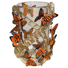 Costantini Diego Modern Real Gold Made Murano Glass Vase with Butterflies