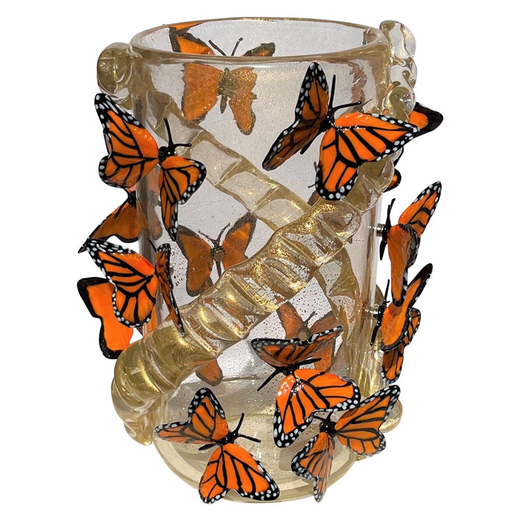 Costantini Diego Modern Real Gold Made Murano Glass Vase with Butterflies