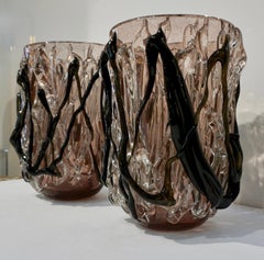 Paire de vases monumentaux italiens Costantini en verre de Murano transparent et améthyste noire