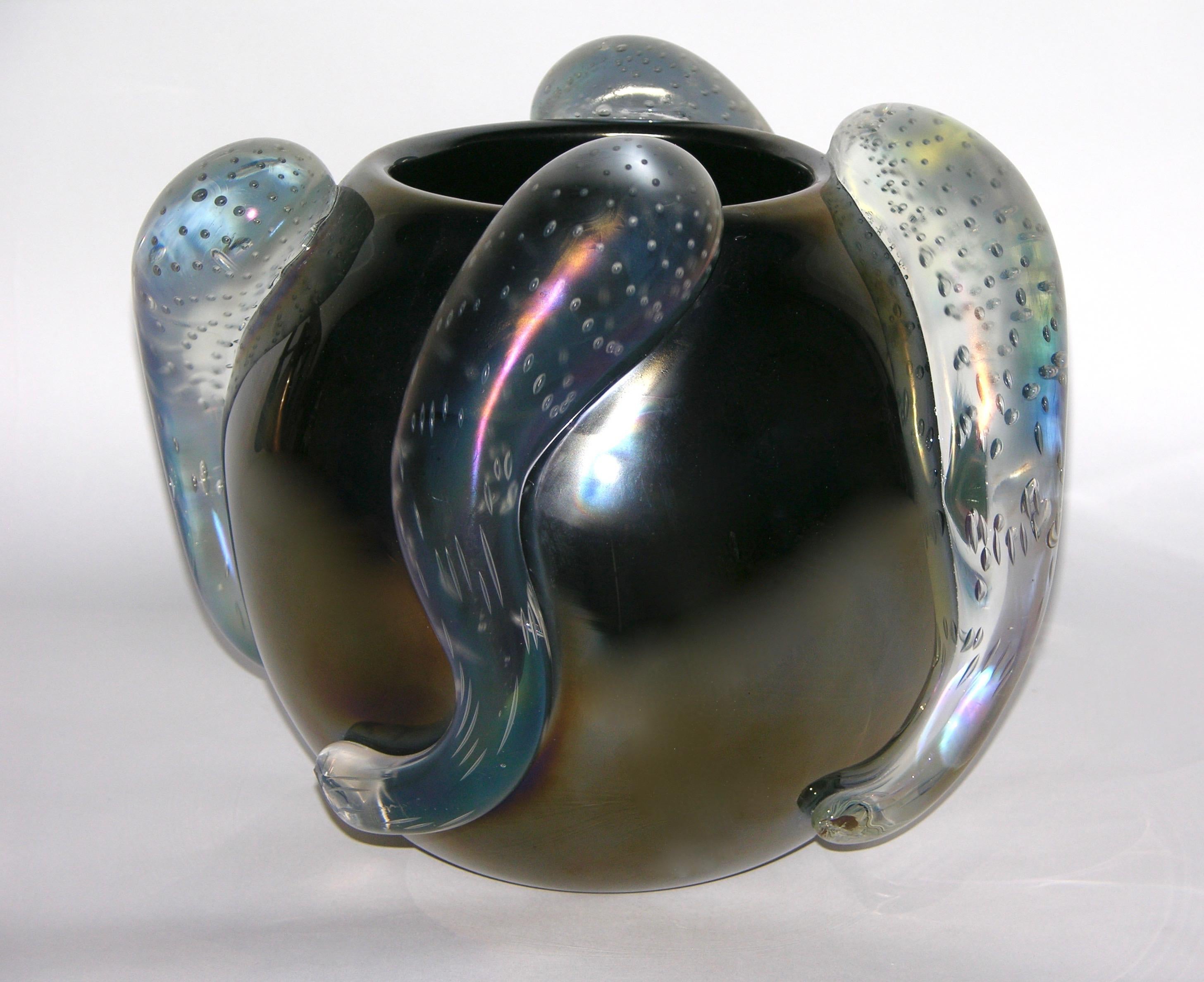 Art Glass Costantini Italian Pair of Sculpture Iridescent Black Murano Glass Round Vases For Sale