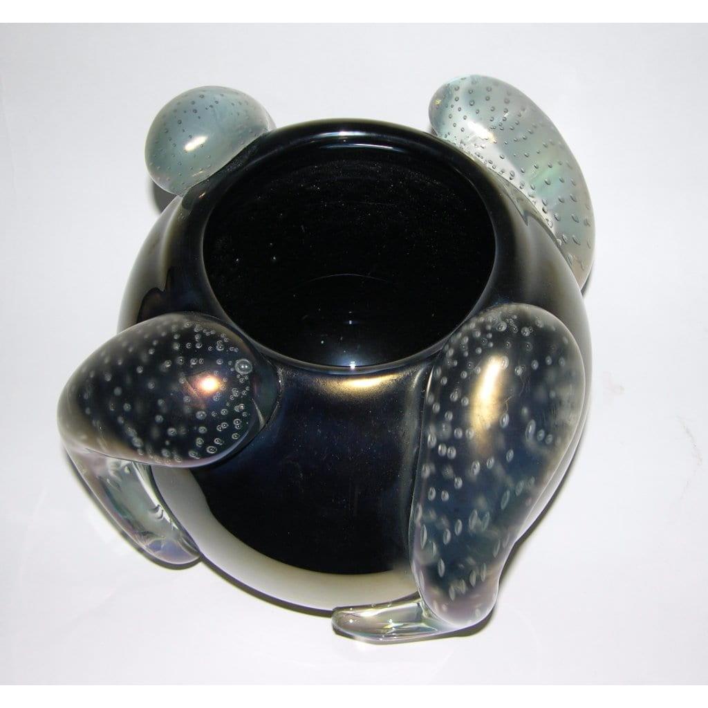 Fatto a mano Costantini Scultura Italiana Vaso rotondo in vetro di Murano nero iridescente in vendita