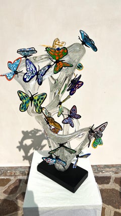 Costantini Diego Modern Crystal Murano Glass Infinity Sculpture With Butterflies