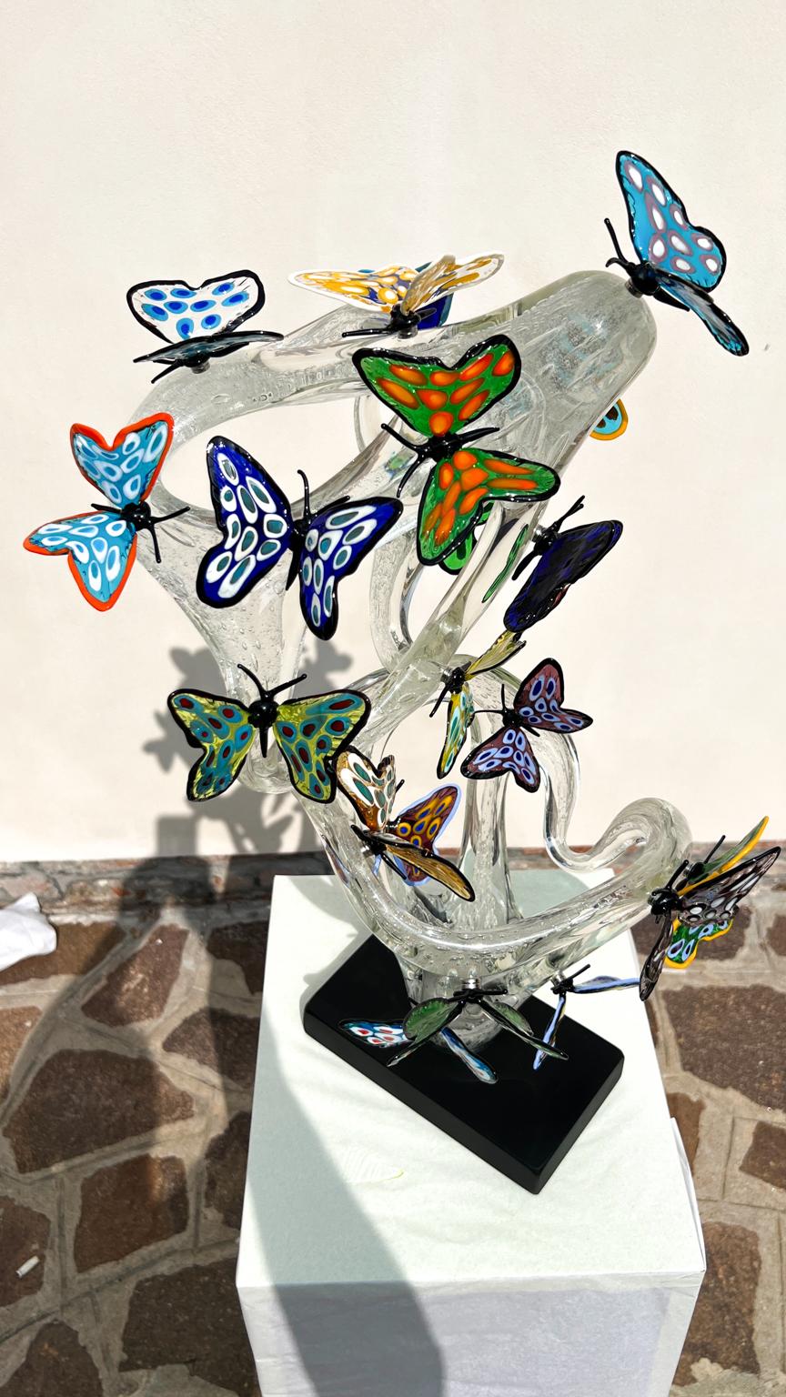Italian Costantini Diego Modern Crystal Murano Glass Infinity Sculpture With Butterflies For Sale
