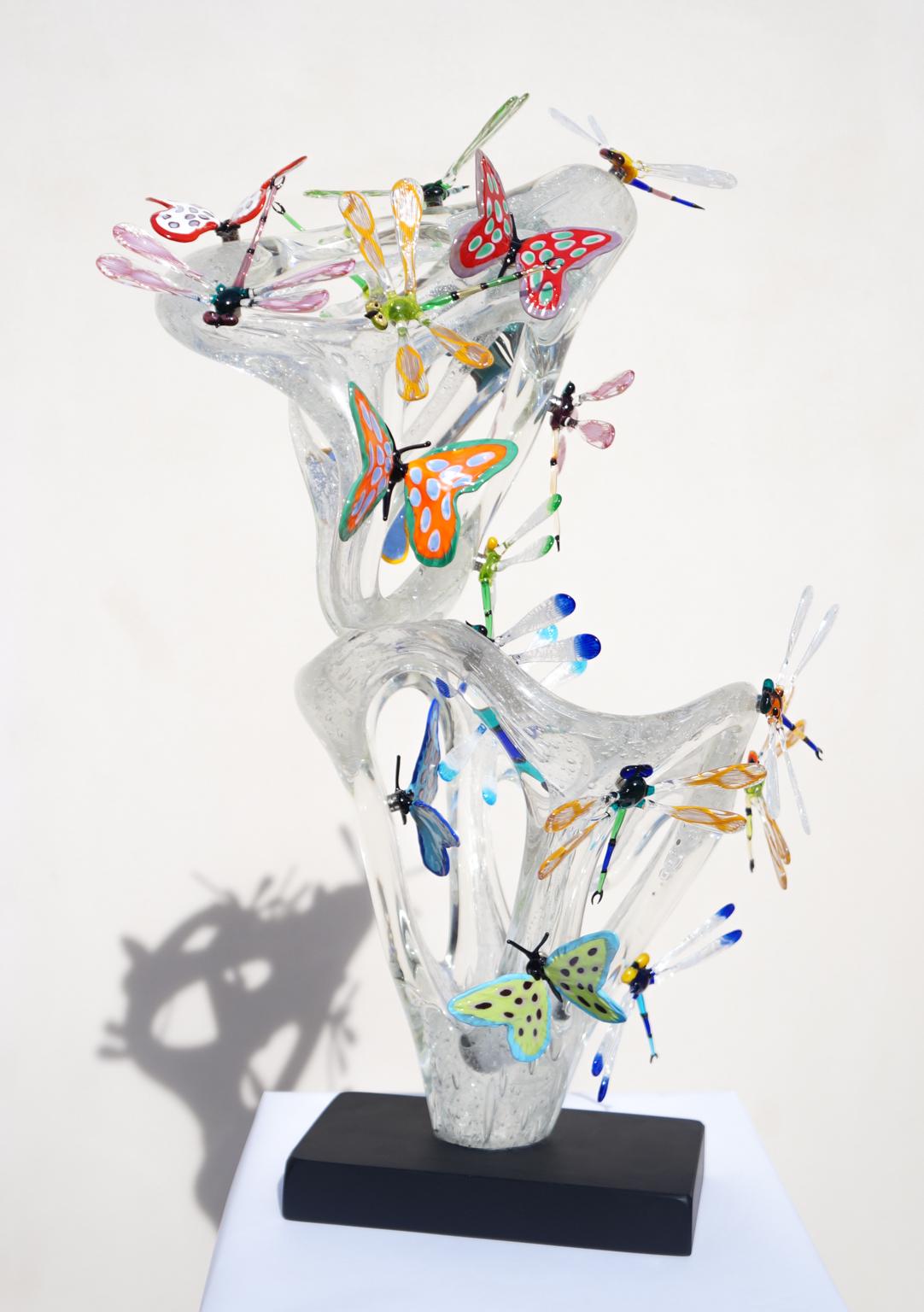 Italian Costantini Diego Modern Murano Glass Sculpture with Butterflies & Dragonflies For Sale