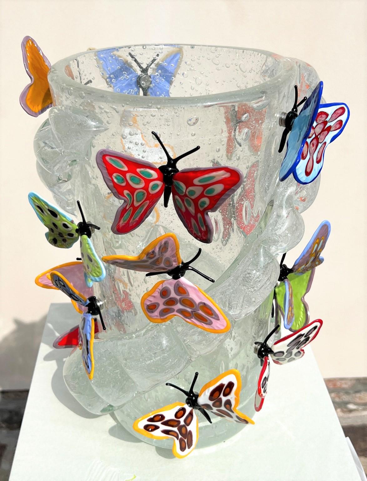 Costantini Diego Modern Kristall Pulegoso Made Murano Glass Vase mit Schmetterlingen (Moderne) im Angebot