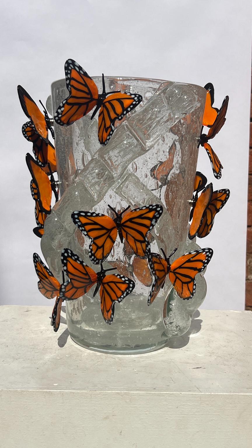 Contemporary Costantini Diego Modern Crystal Pulegoso Made Murano Glass Vase with Butterflies For Sale