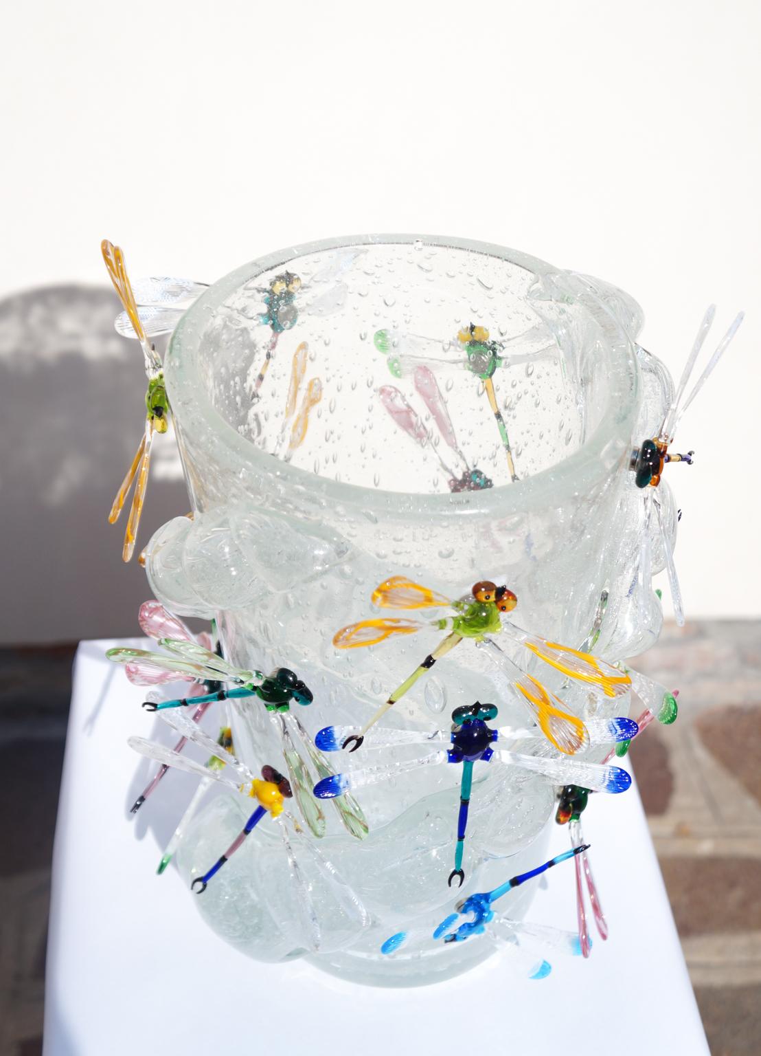 Costantini Diego Modern Crystal Pulegoso Made Murano Glass Vase with Dragonflies For Sale 5