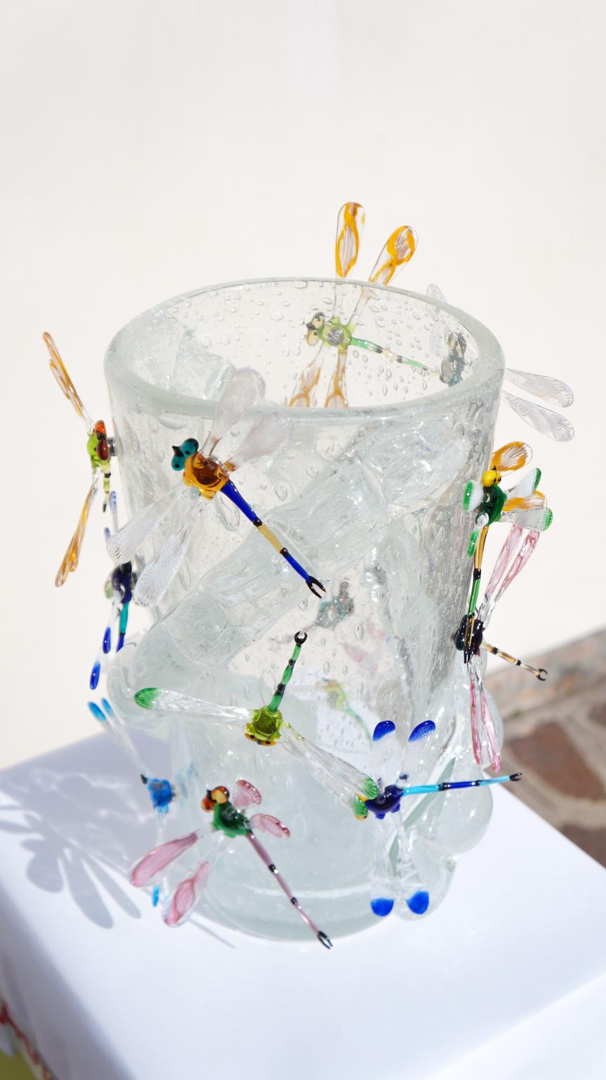 Costantini Diego Modern Kristall Pulegoso Made Murano Glass Vase mit Libellen im Angebot 9