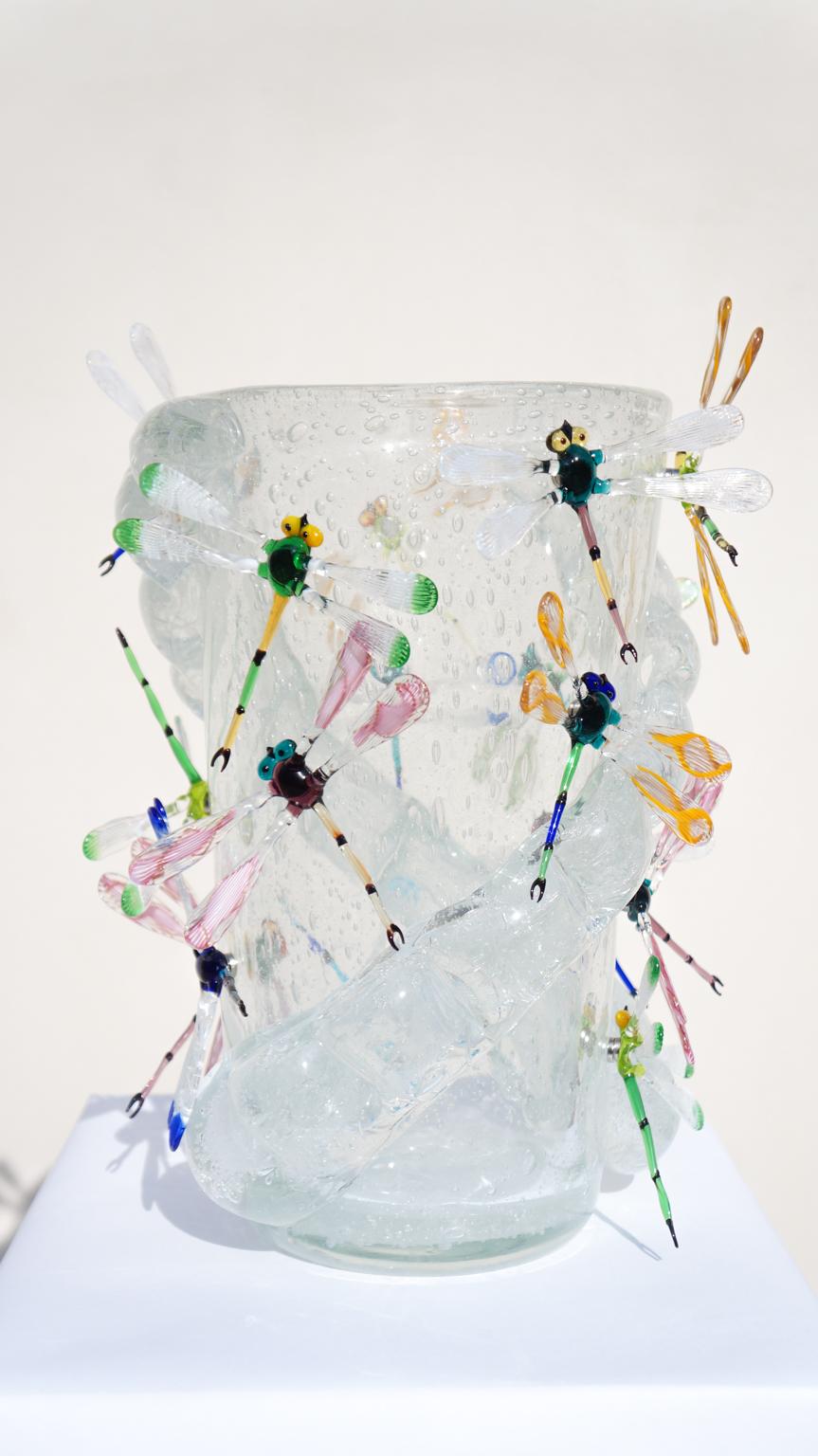 Costantini Diego Modern Kristall Pulegoso Made Murano Glass Vase mit Libellen im Angebot 10