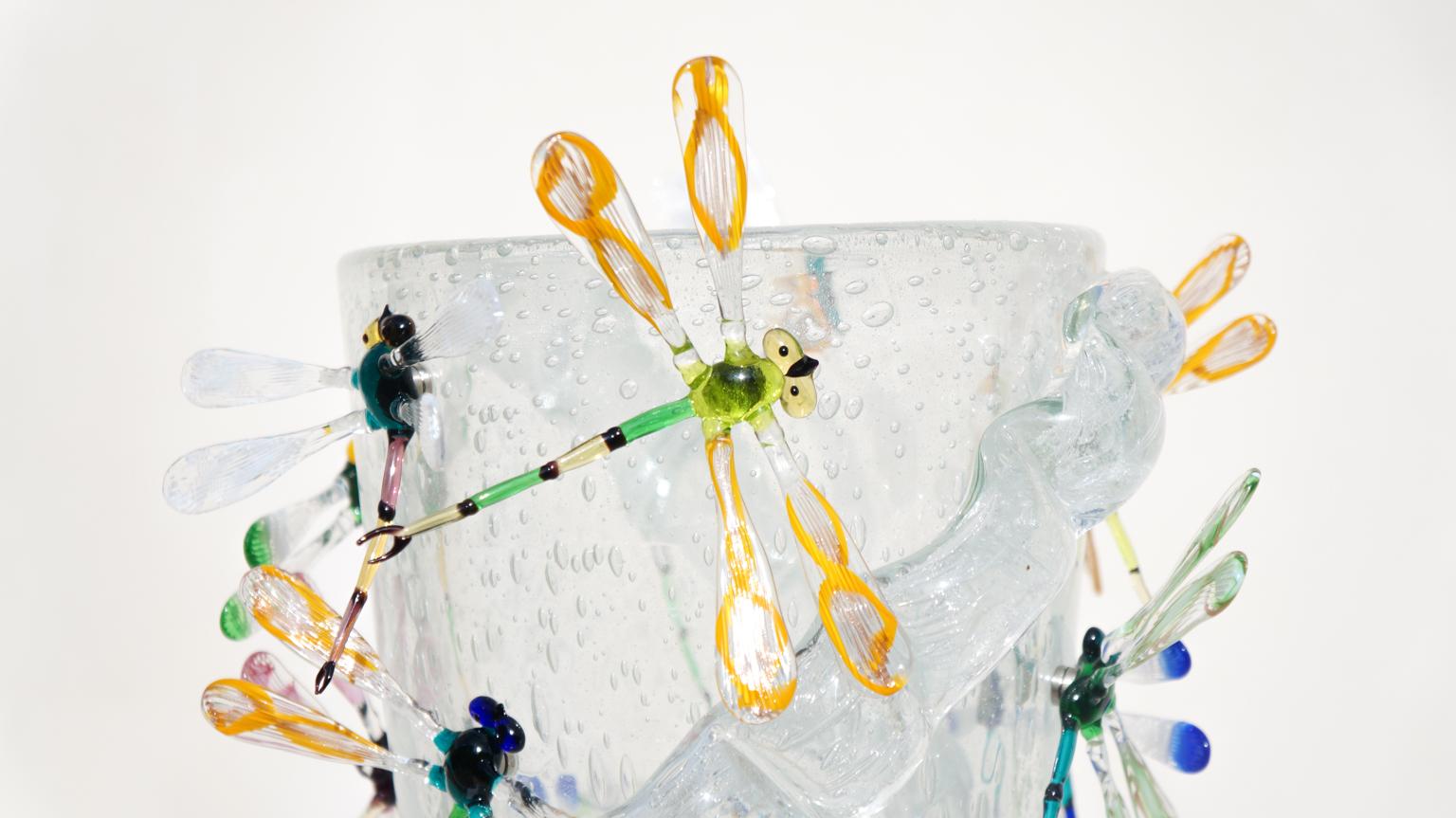 Costantini Diego Modern Kristall Pulegoso Made Murano Glass Vase mit Libellen im Angebot 12