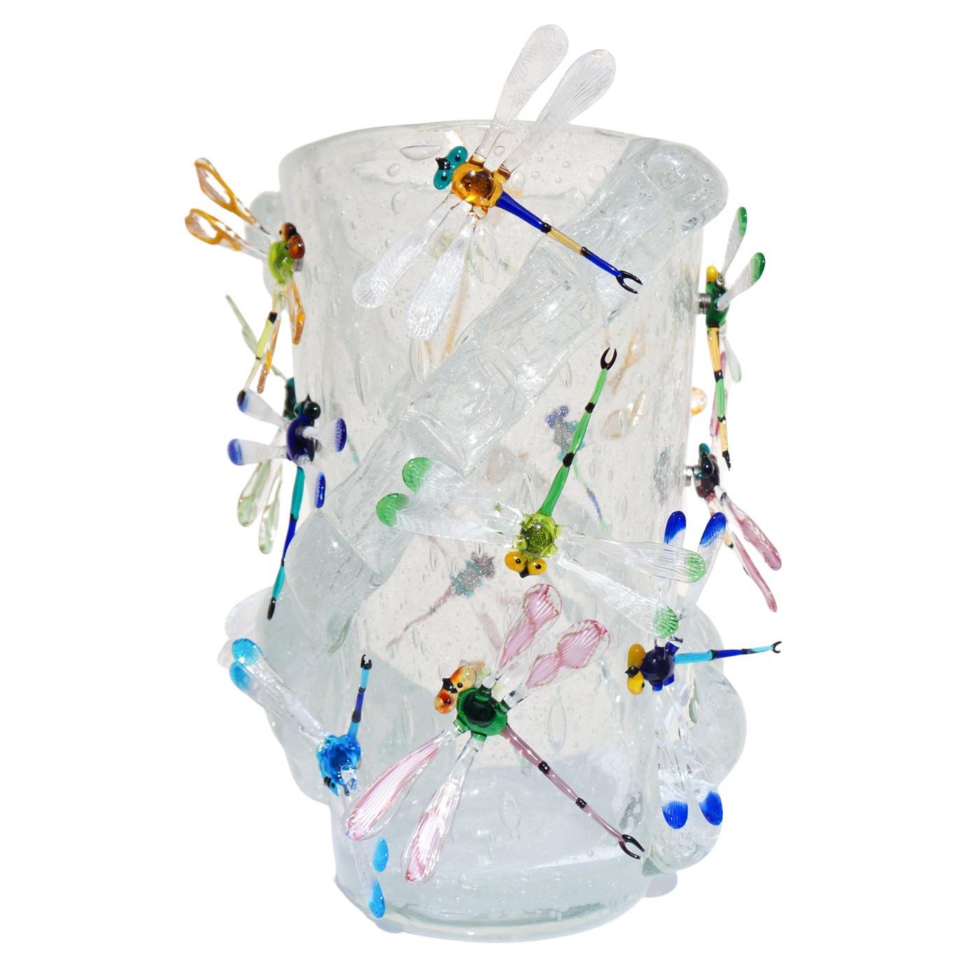 Handmade Crystal Pulegoso Murano glass blown vase with 16 multicolored dragonflies attached with magnet. 
Modern vase ideal for a modern and rustic classic environment, for everyone. This work was carried out in collaboration between the