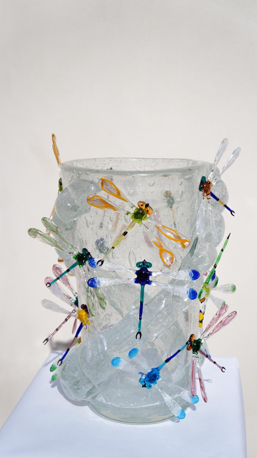 Contemporary Costantini Diego Modern Crystal Pulegoso Made Murano Glass Vase with Dragonflies For Sale