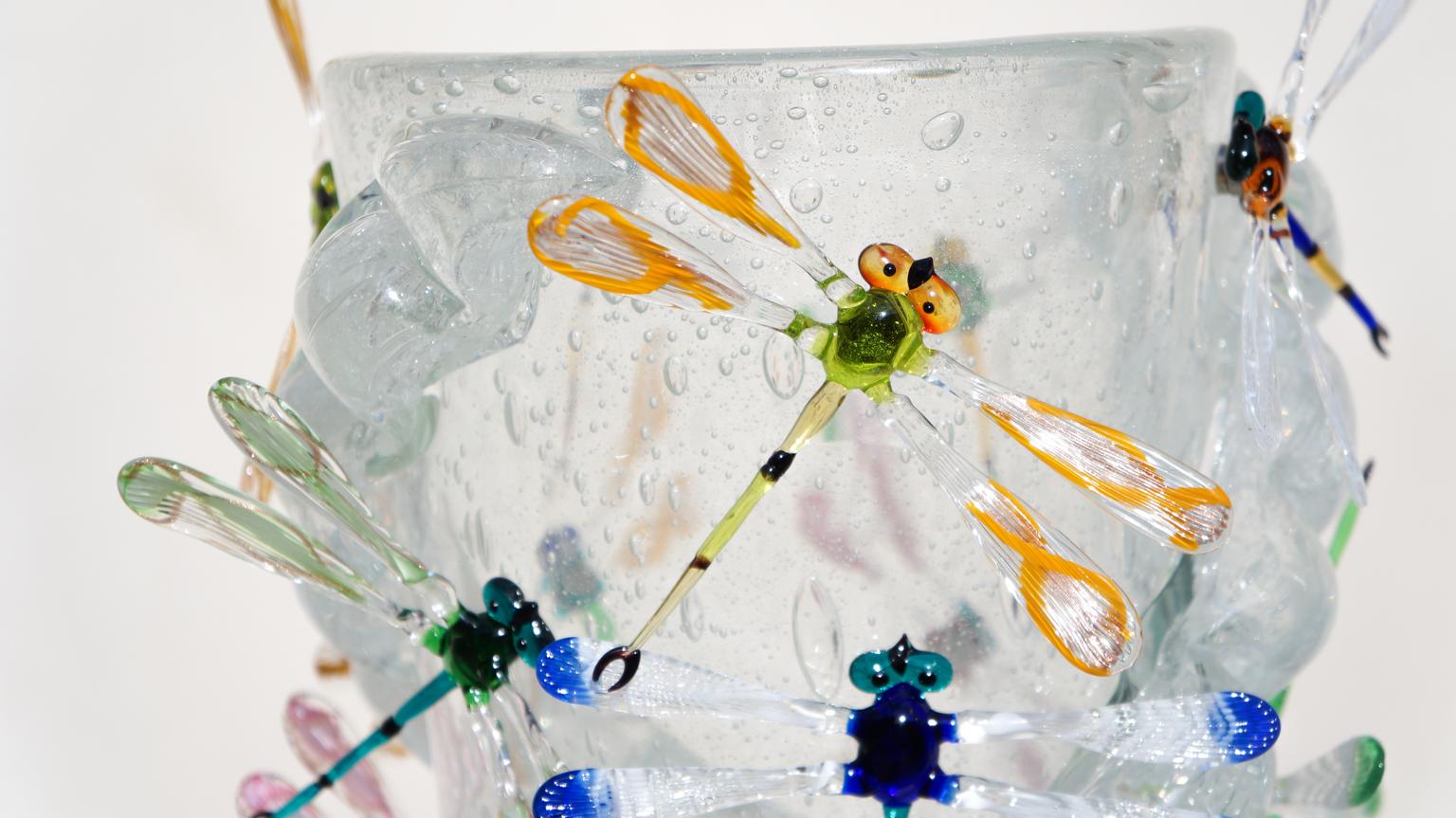 Blown Glass Costantini Diego Modern Crystal Pulegoso Made Murano Glass Vase with Dragonflies For Sale