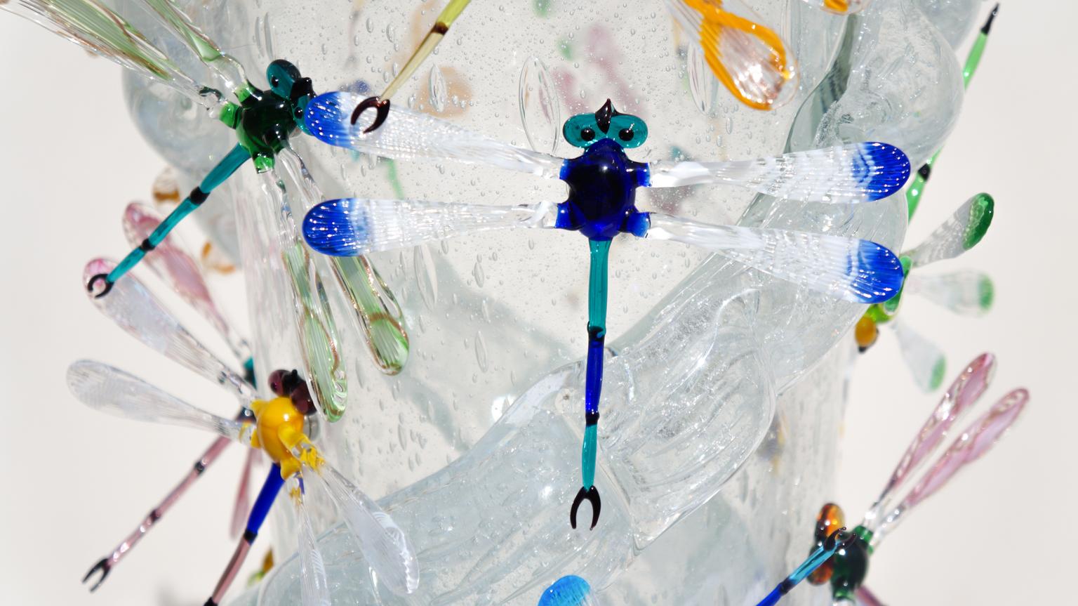 Costantini Diego Modern Kristall Pulegoso Made Murano Glass Vase mit Libellen (Geblasenes Glas) im Angebot