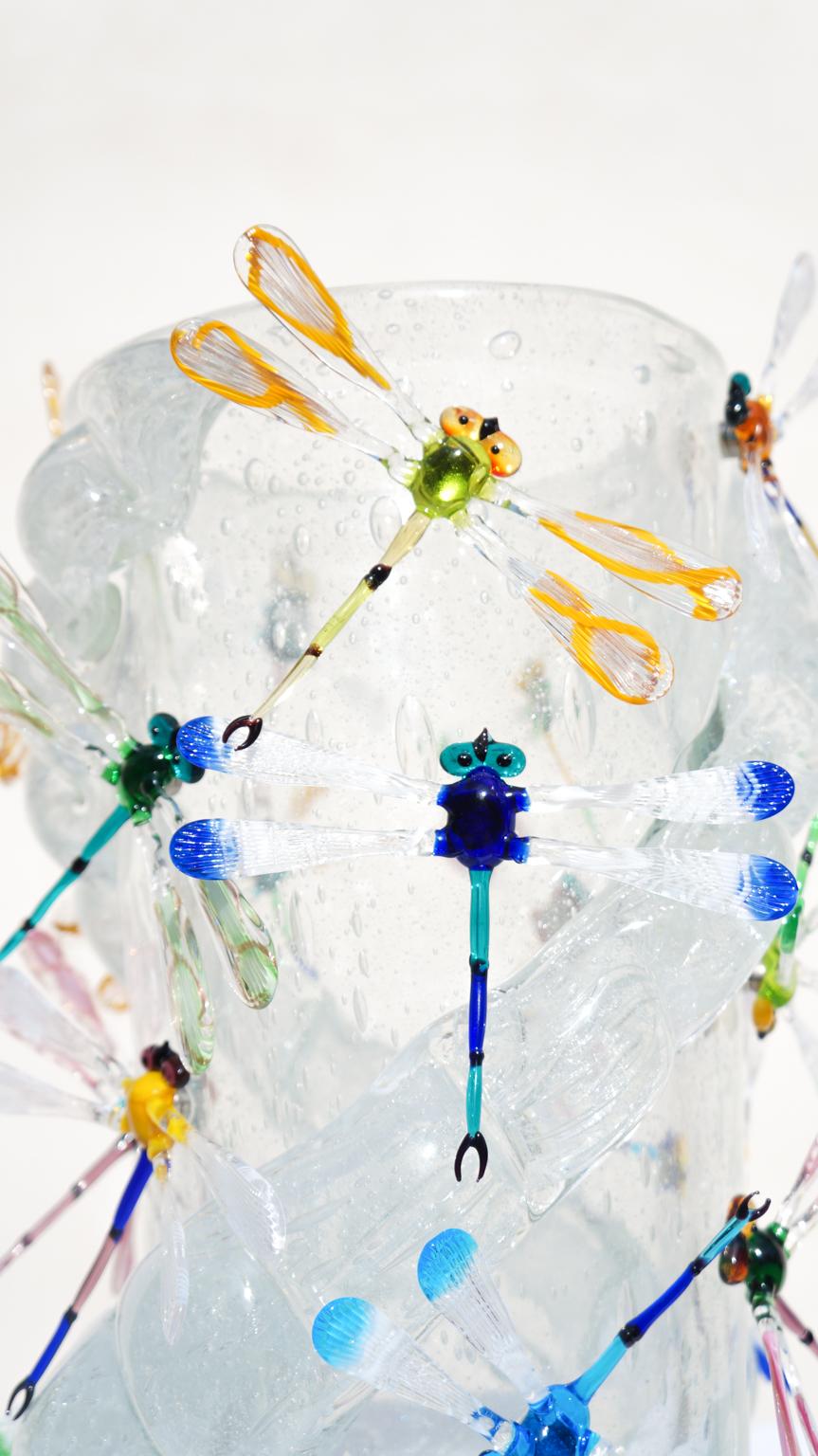 Costantini Diego Modern Kristall Pulegoso Made Murano Glass Vase mit Libellen im Angebot 1