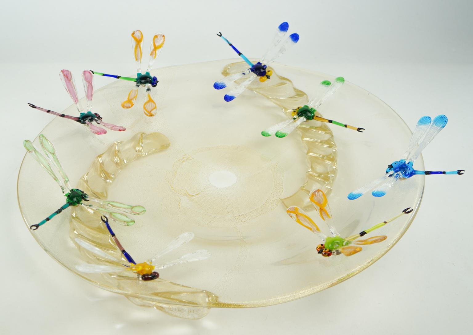 Costantini Diego Modern Real Gold Made Murano Glass Plate with Dragonflies For Sale 8