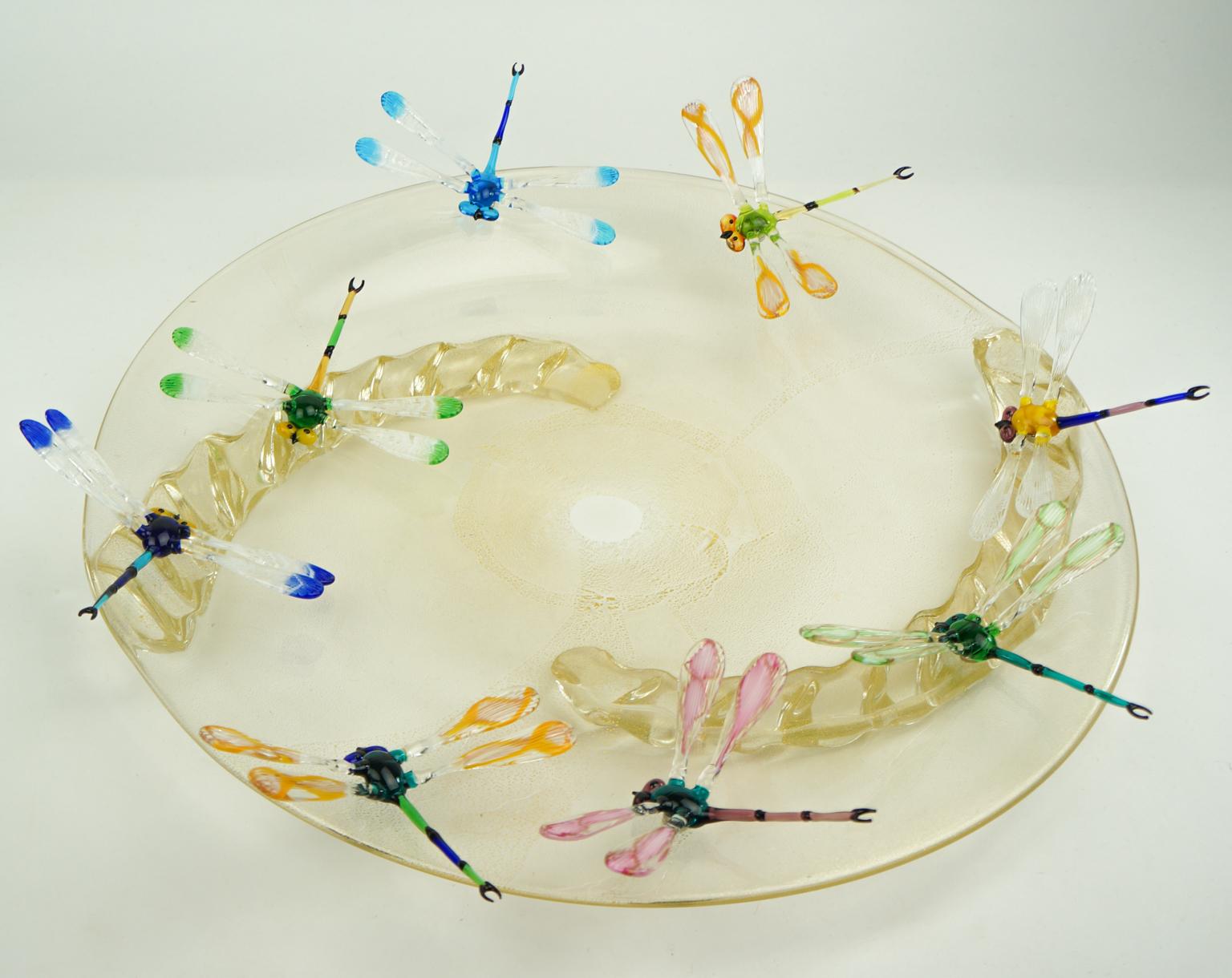 Costantini Diego Modern Real Gold Made Murano Glass Plate with Dragonflies For Sale 3