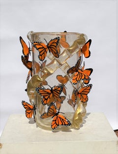 Costantini Diego Modern Echtes Gold Made Murano Glass Vase mit Schmetterlingen