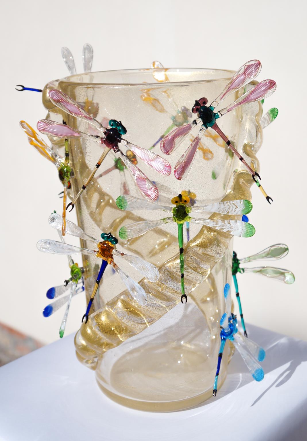 Costantini Diego Modern Real Gold Made Murano Glass Vase with Dragonflies For Sale 7