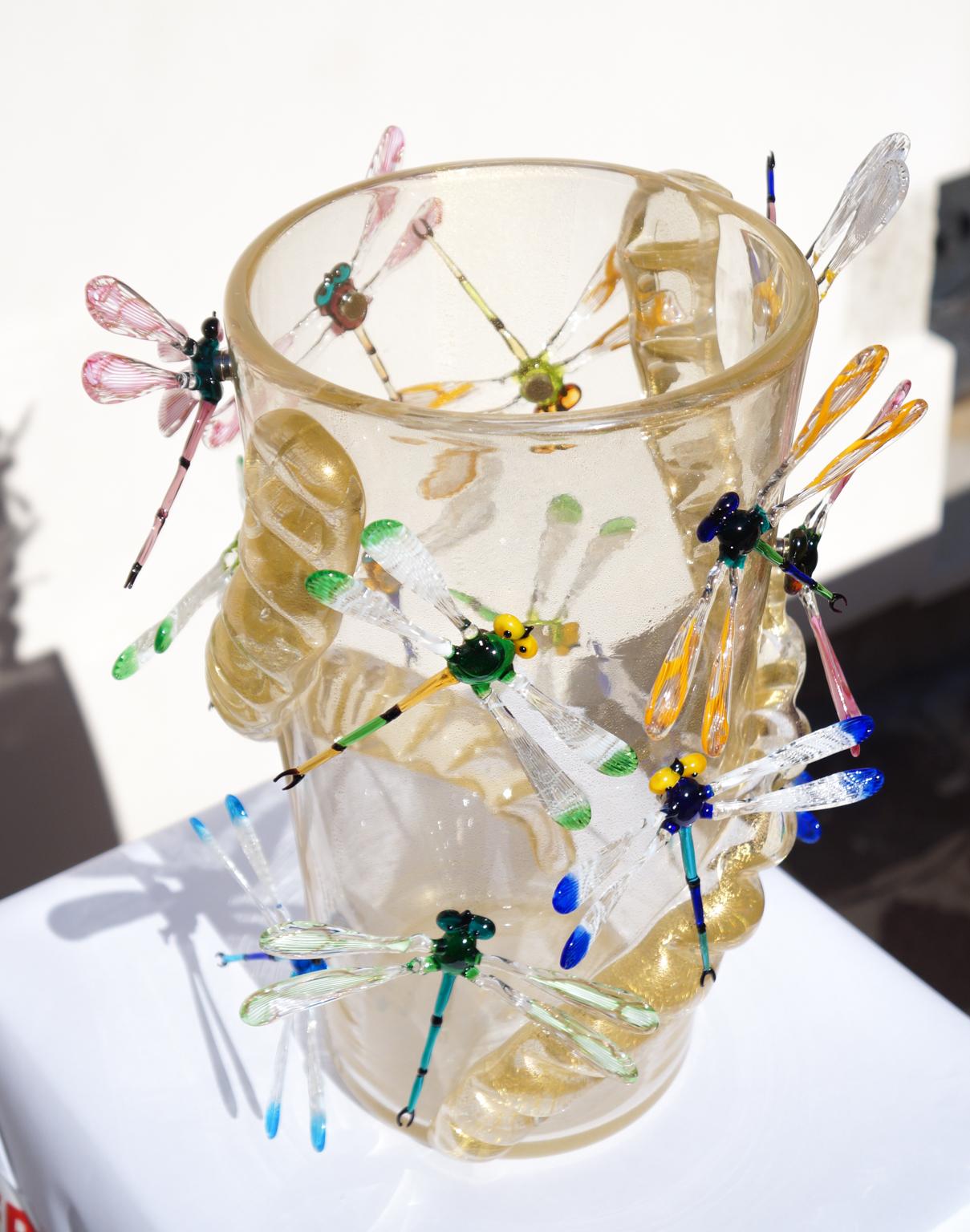 Costantini Diego Modern Echtes Gold Made Murano Glass Vase mit Libellen (Moderne) im Angebot
