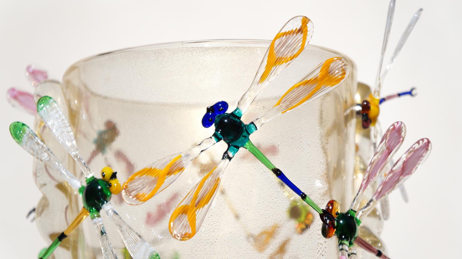 Contemporary Costantini Diego Modern Real Gold Made Murano Glass Vase with Dragonflies For Sale