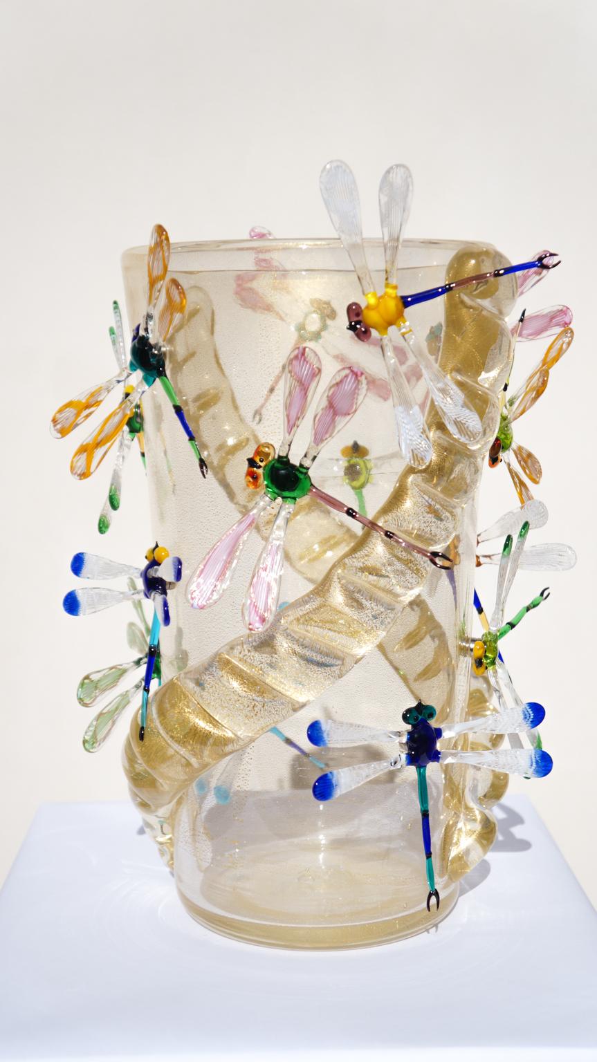 Costantini Diego Modern Echtes Gold Made Murano Glass Vase mit Libellen (Glaskunst) im Angebot