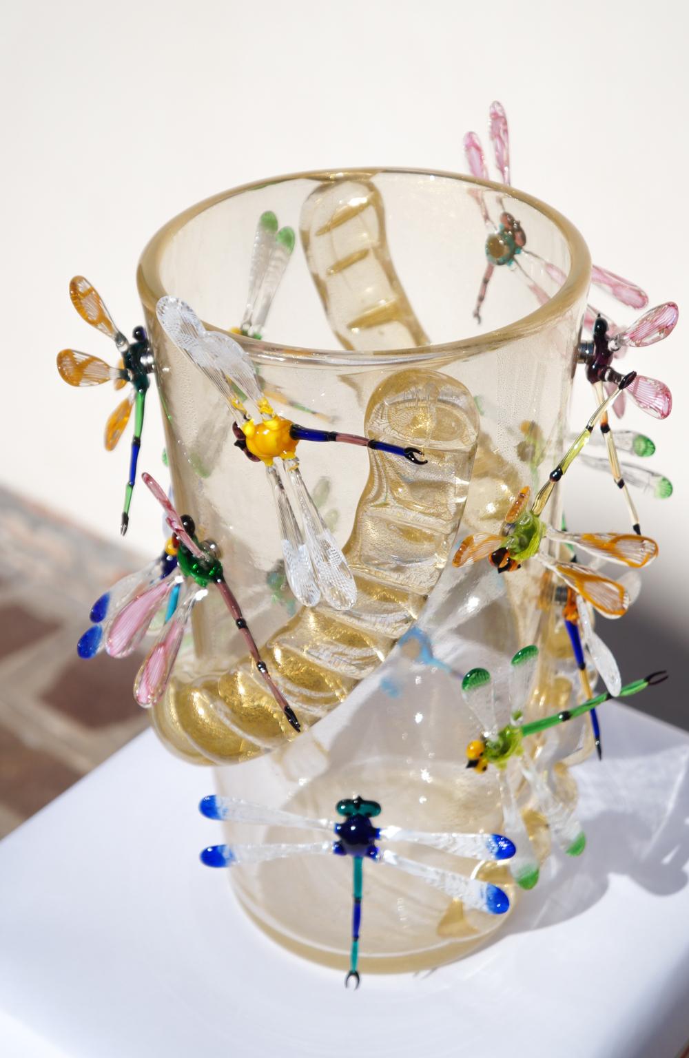 Costantini Diego Modern Echtes Gold Made Murano Glass Vase mit Libellen im Angebot 1