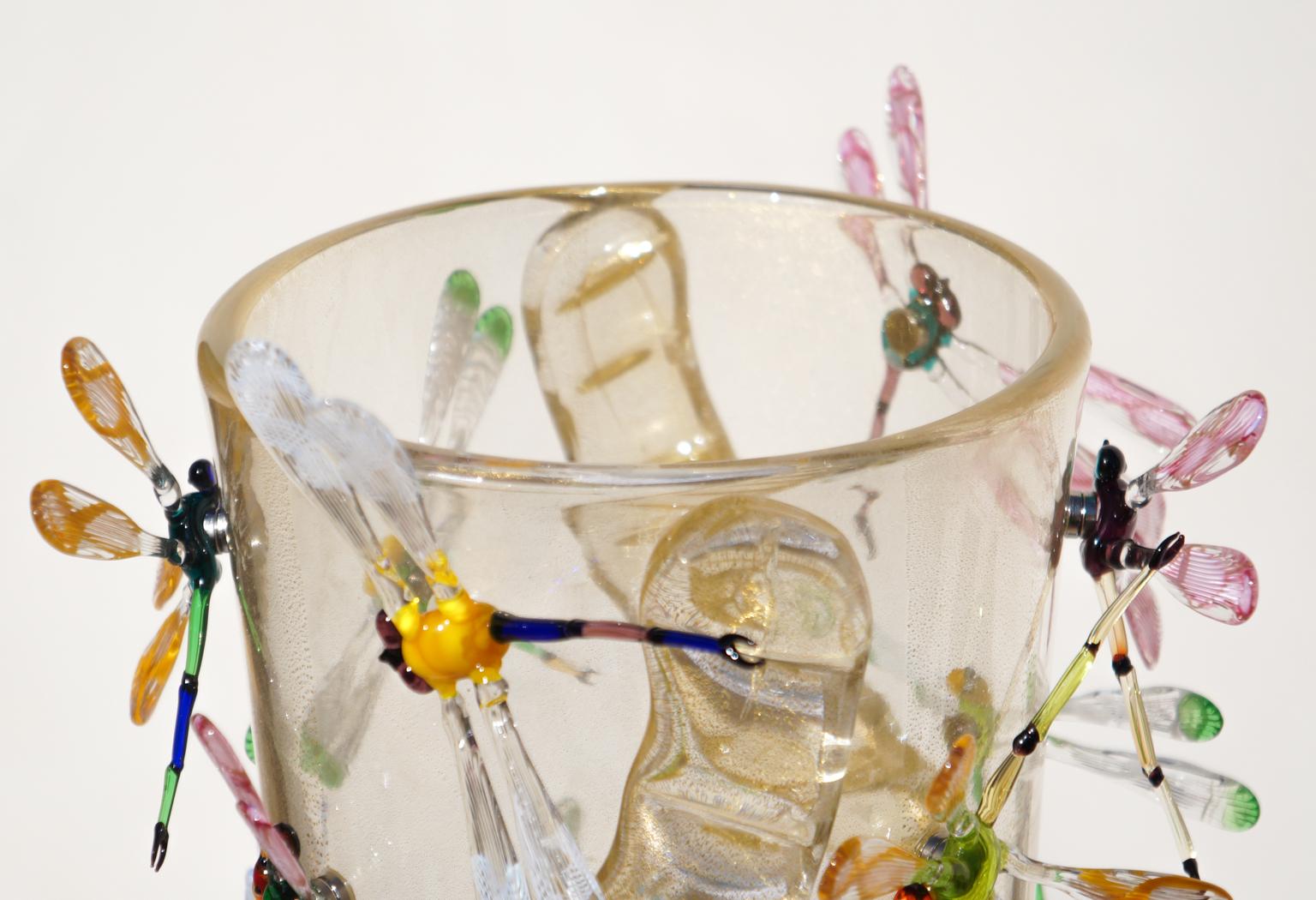 Costantini Diego Modern Echtes Gold Made Murano Glass Vase mit Libellen im Angebot 2
