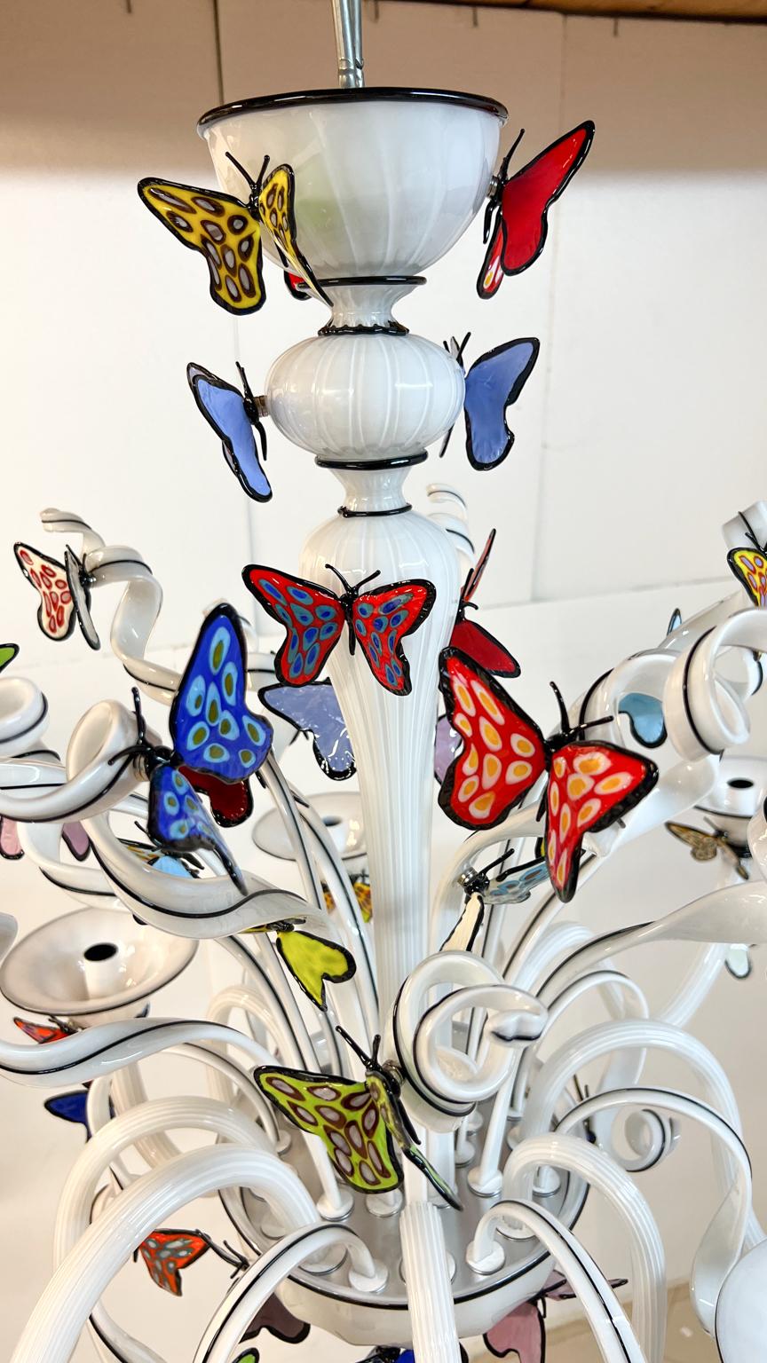 Costantini Diego Modern White Made Murano Glass Chandelier with Butterflies For Sale 3