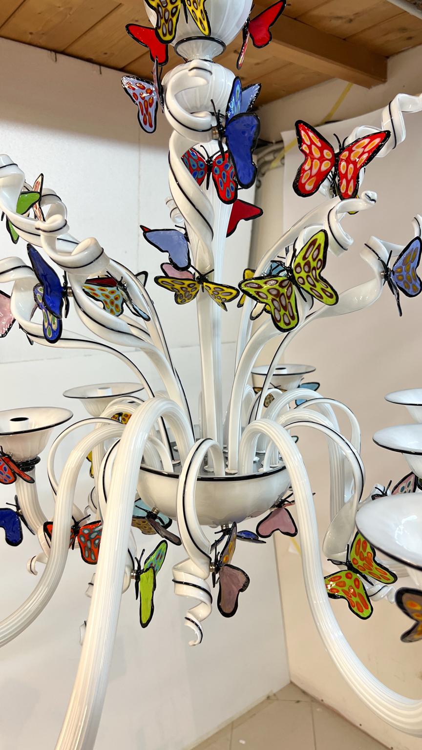 Costantini Diego Modern White Made Murano Glass Chandelier with Butterflies For Sale 4