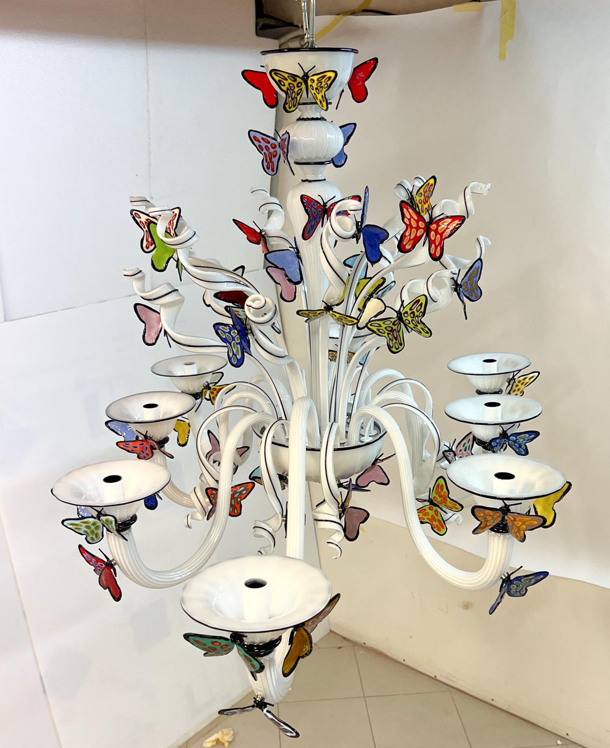Costantini Diego Modern White Made Murano Glass Chandelier with Butterflies For Sale 6