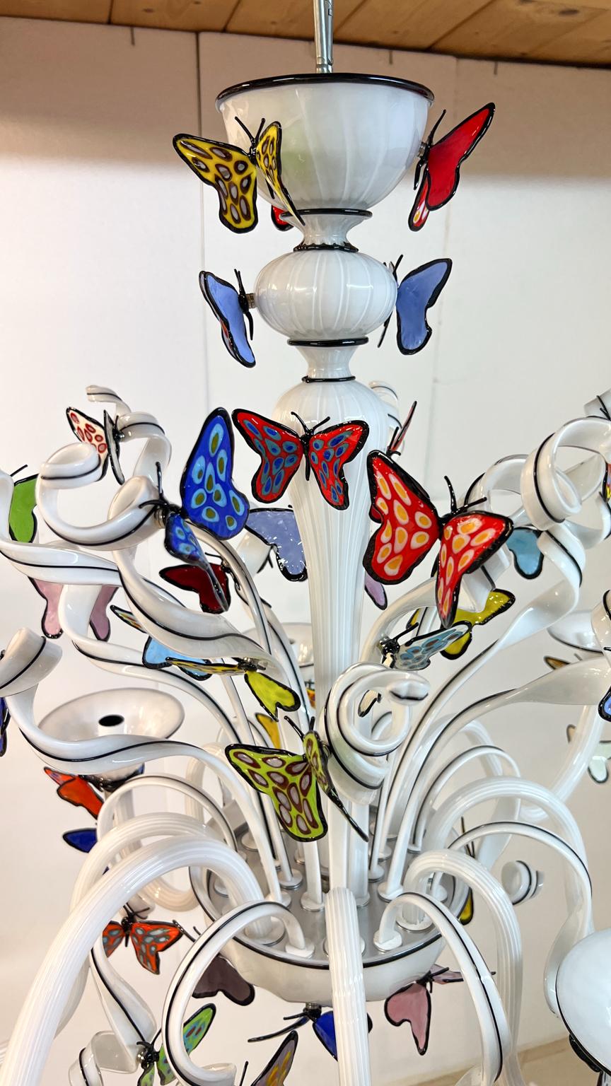Costantini Diego Modern White Made Murano Glass Chandelier with Butterflies For Sale 8