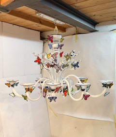 Costantini Diego Modern White Made Murano Glass Chandelier with Butterflies