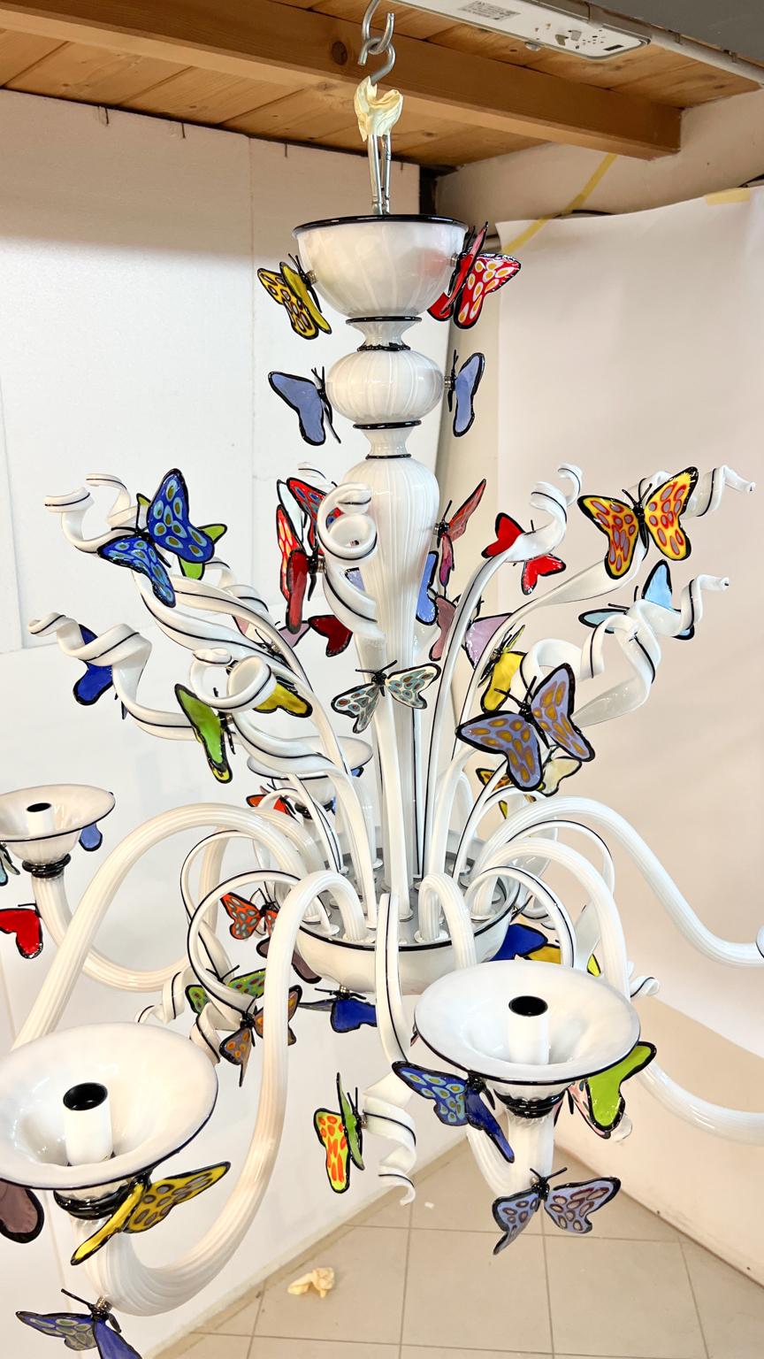Costantini Diego Modern White Made Murano Glass Chandelier with Butterflies For Sale 1